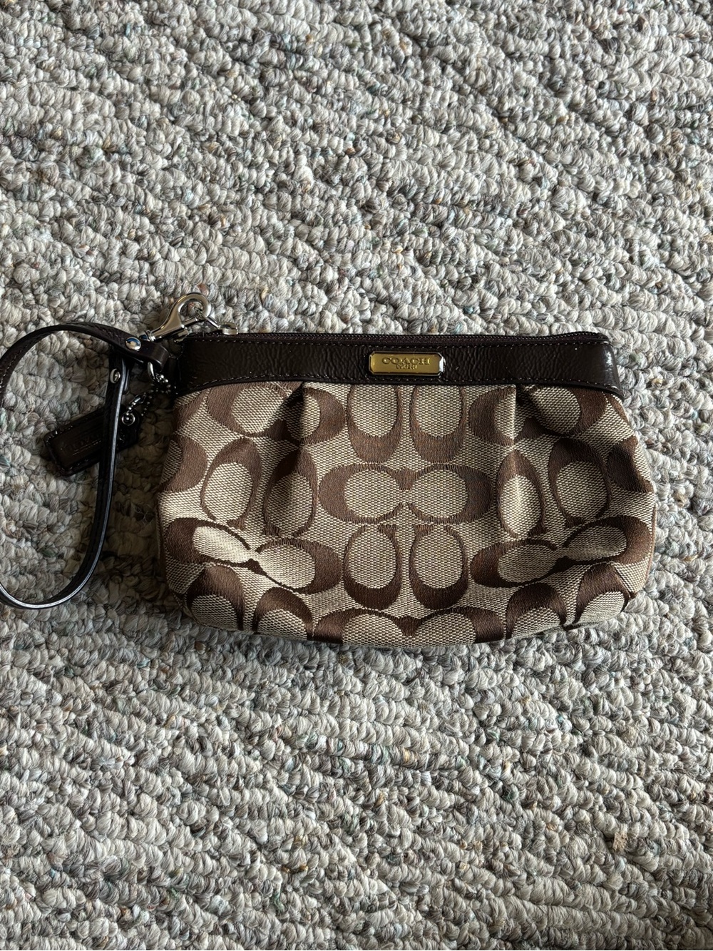 Coach Brown Signature Logo Wristlet with Dark Brown Trim